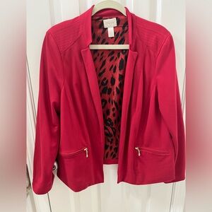 Chico's Vibrant Red Blazer with Animal Print Lining